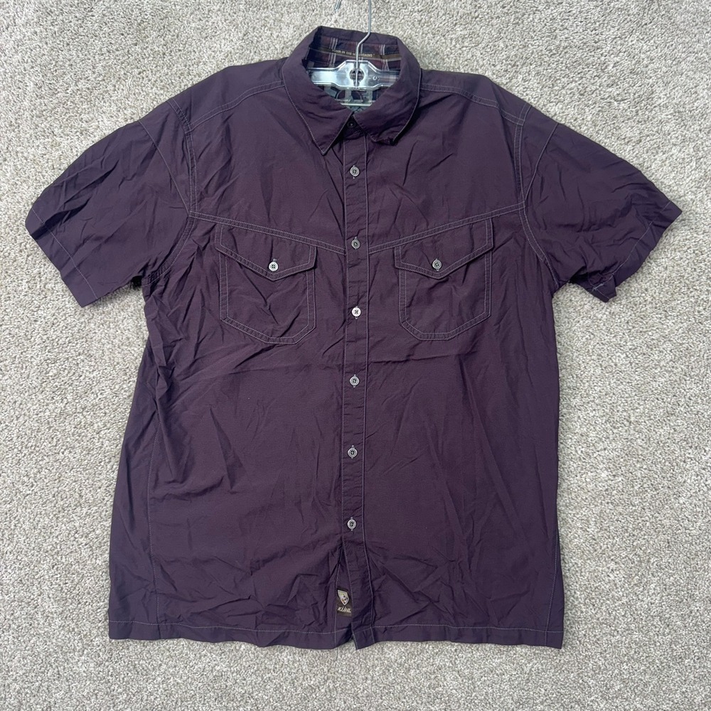 KUHL Button Down Shirt Mens Medium Burgundy Ripstop Short Sleeve Hiking Trail